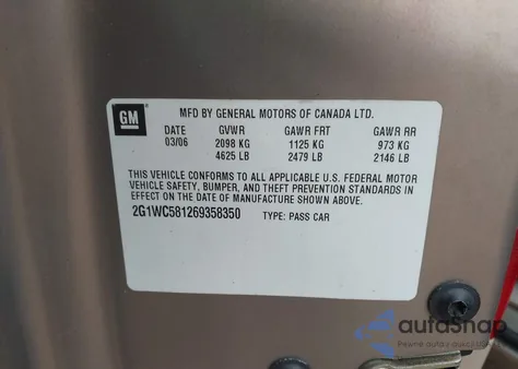 2006 Chevrolet Impala Lt from USA, damaged, VIN 2G1WC581269358350